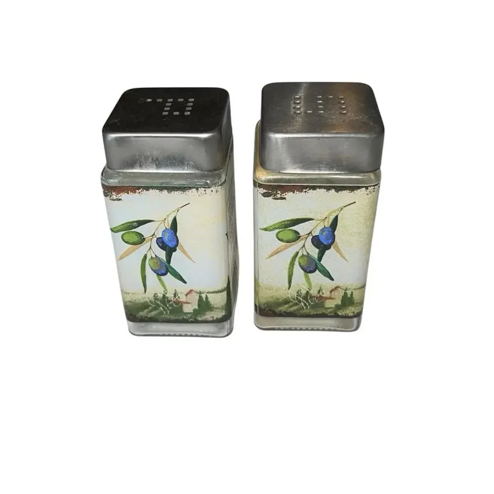 Tuscan Olive Oil Glass Salt Pepper Shakers Set‎ Square Metal Lids Kitchen Decor